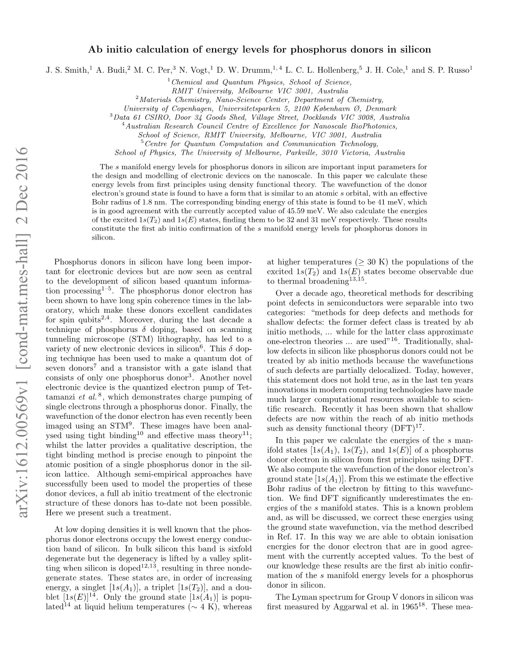 Ab Initio Calculation of Energy Levels for Phosphorus Donors in Silicon