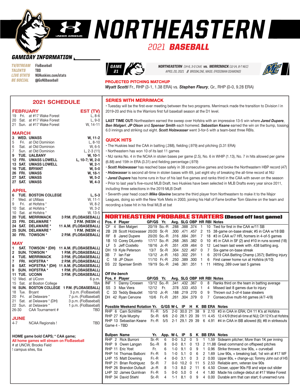 Northeastern 2021 Baseball Gameday Information