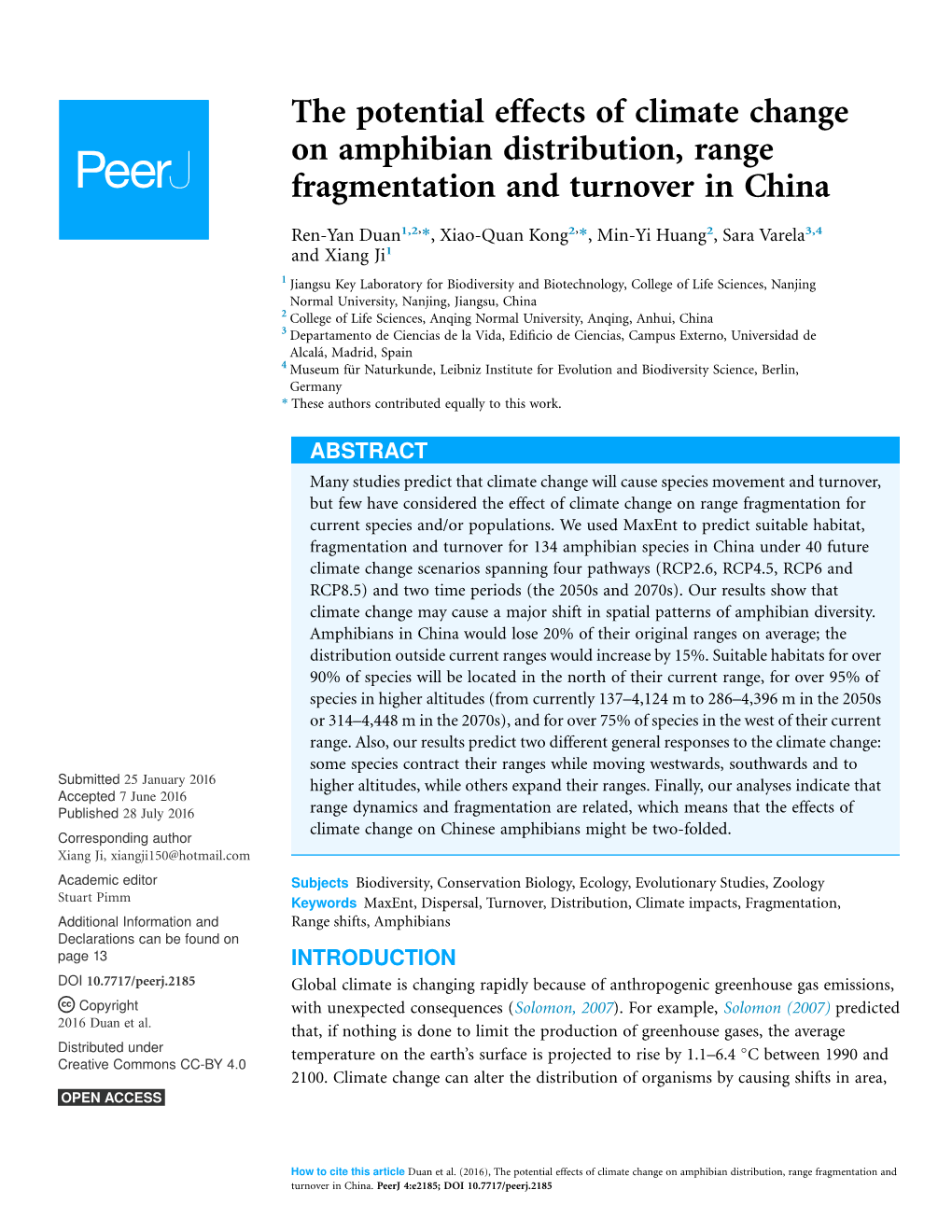 The Potential Effects of Climate Change on Amphibian Distribution, Range Fragmentation and Turnover in China