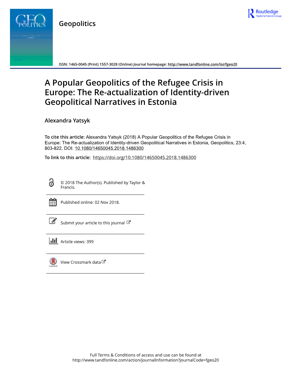 A Popular Geopolitics of the Refugee Crisis in Europe: the Re-Actualization of Identity-Driven Geopolitical Narratives in Estonia