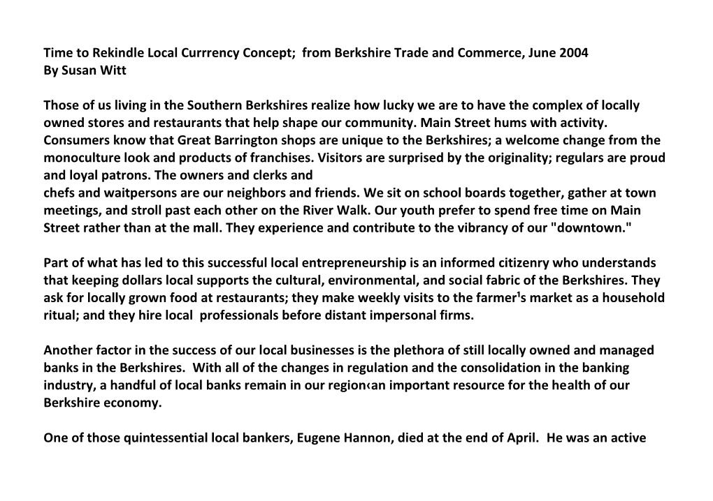 Time to Rekindle Local Currrency Concept; from Berkshire Trade and Commerce, June 2004 by Susan Witt