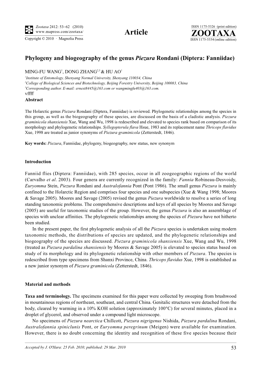 Zootaxa, Phylogeny and Biogeography of the Genus Piezura Rondani (Diptera: Fanniidae)