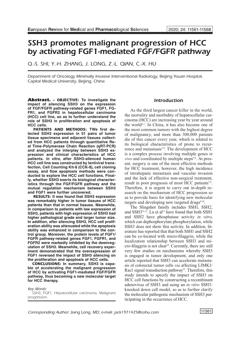 SSH3 Promotes Malignant Progression of HCC by Activating FGF1-Mediated FGF/FGFR Pathway