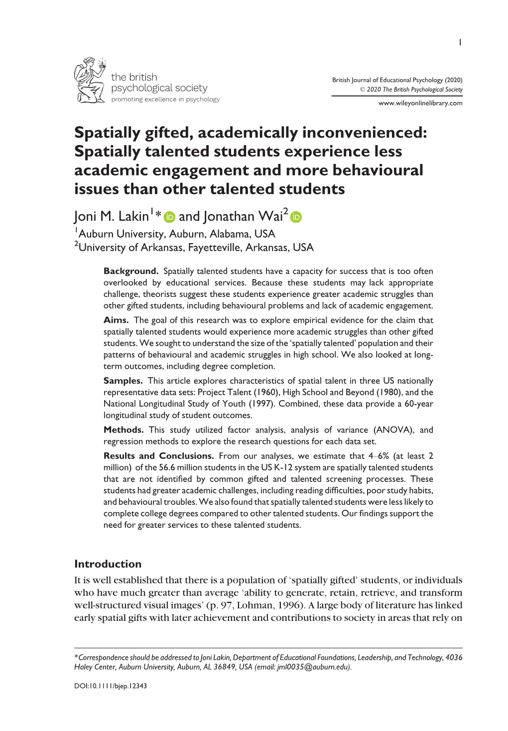 Spatially Talented Students Experience Less Academic Engagement and More Behavioural Issues Than Other Talented Students Joni M