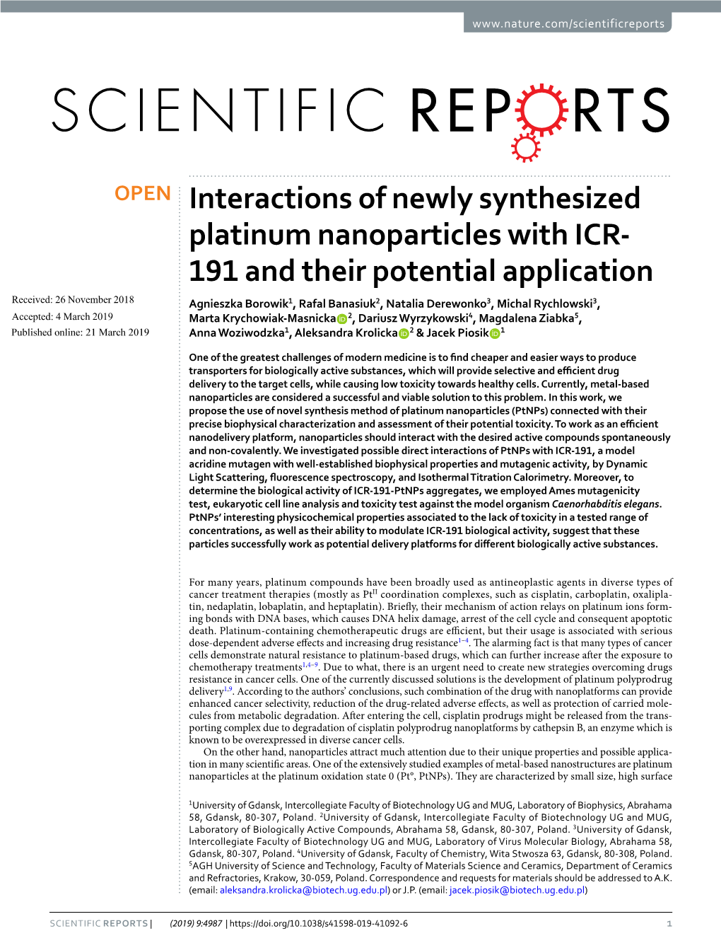 Interactions of Newly Synthesized Platinum Nanoparticles with ICR-191 and Their Potential Application