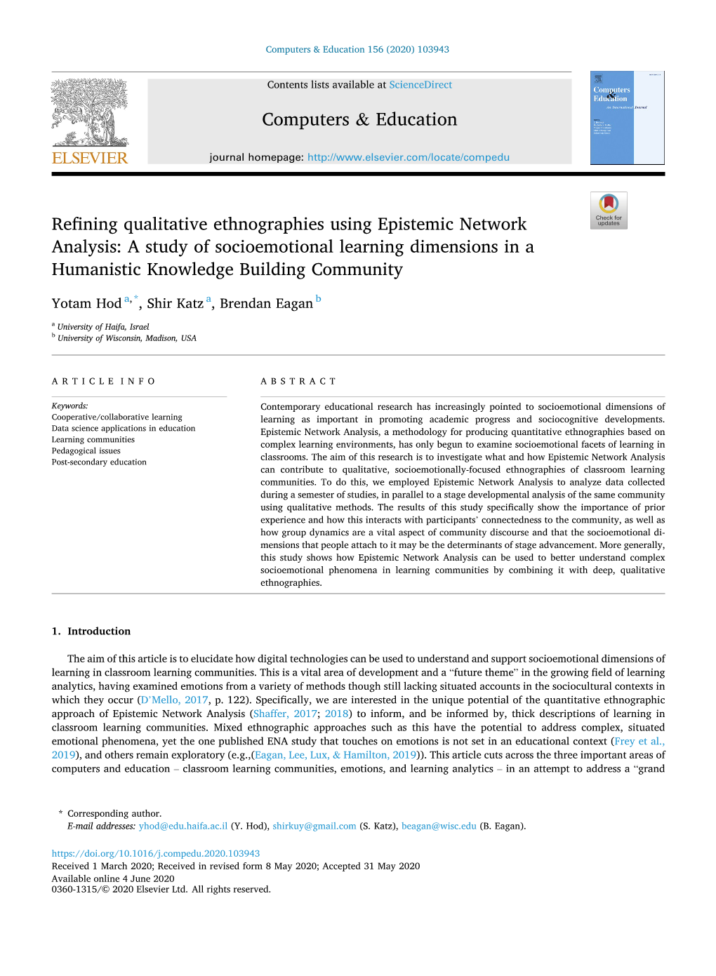 Refining Qualitative Ethnographies Using Epistemic Network Analysis: a Study of Socioemotional Learning Dimensions in a Humanistic Knowledge Building Community