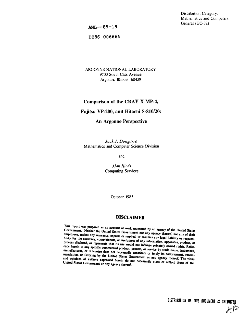 DE86 006665 Comparison of the CRAY X-MP-4, Fujitsu VP-200, And