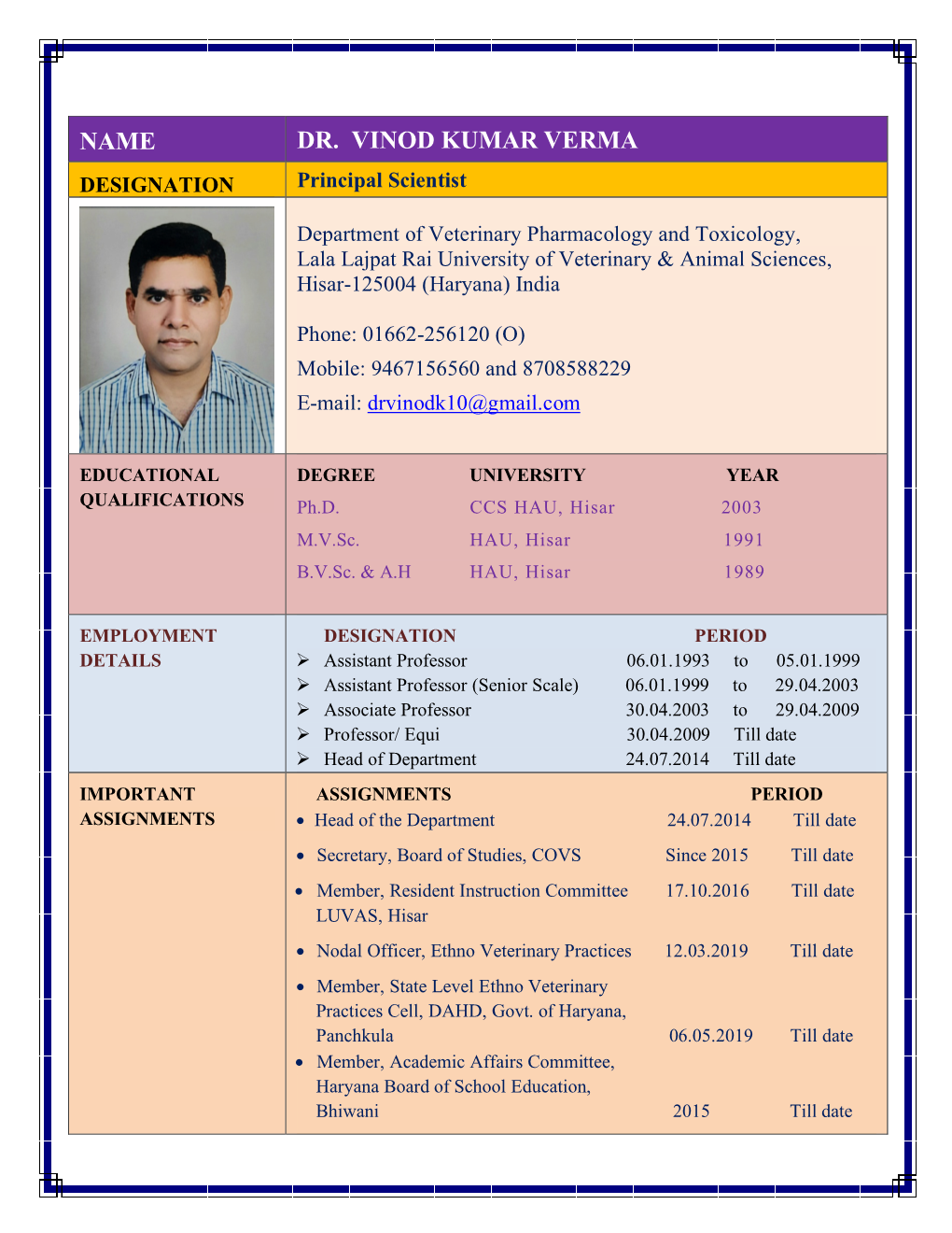 NAME DR. VINOD KUMAR VERMA DESIGNATION Principal Scientist