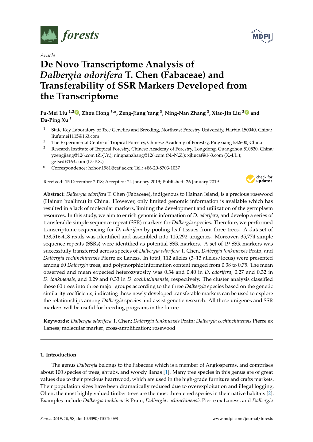 De Novo Transcriptome Analysis of Dalbergia Odorifera T