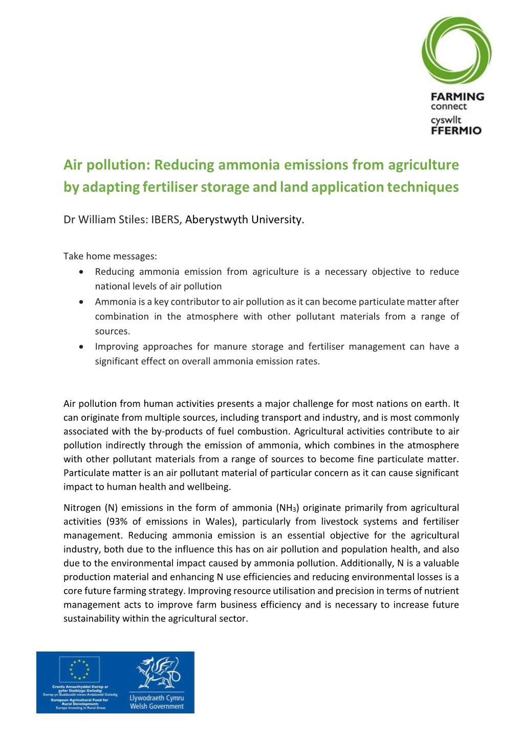 Air Pollution: Reducing Ammonia Emissions from Agriculture by Adapting Fertiliser Storage and Land Application Techniques