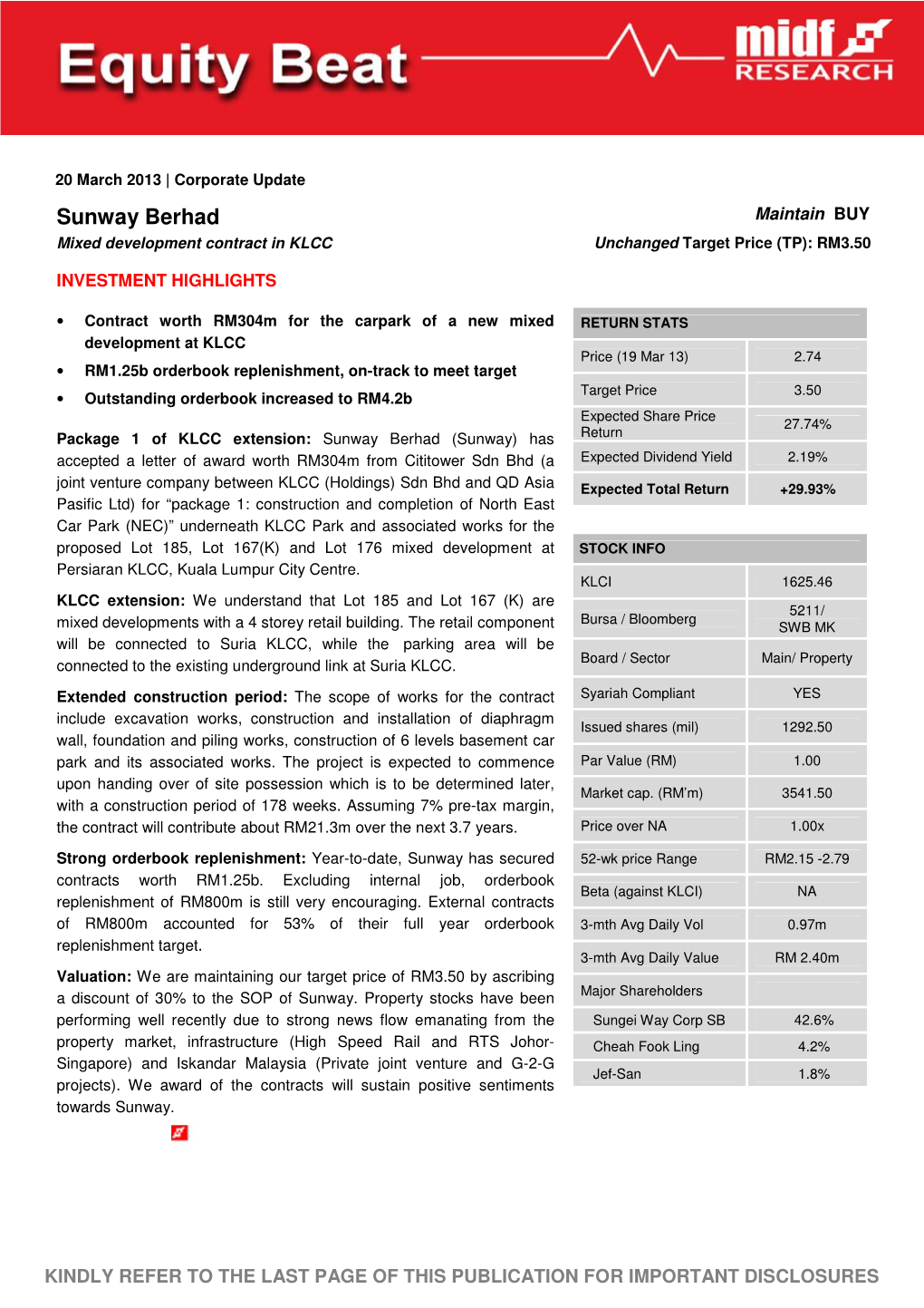 Sunway Berhad Maintain BUY Mixed Development Contract in KLCC Unchanged Target Price (TP): RM3.50
