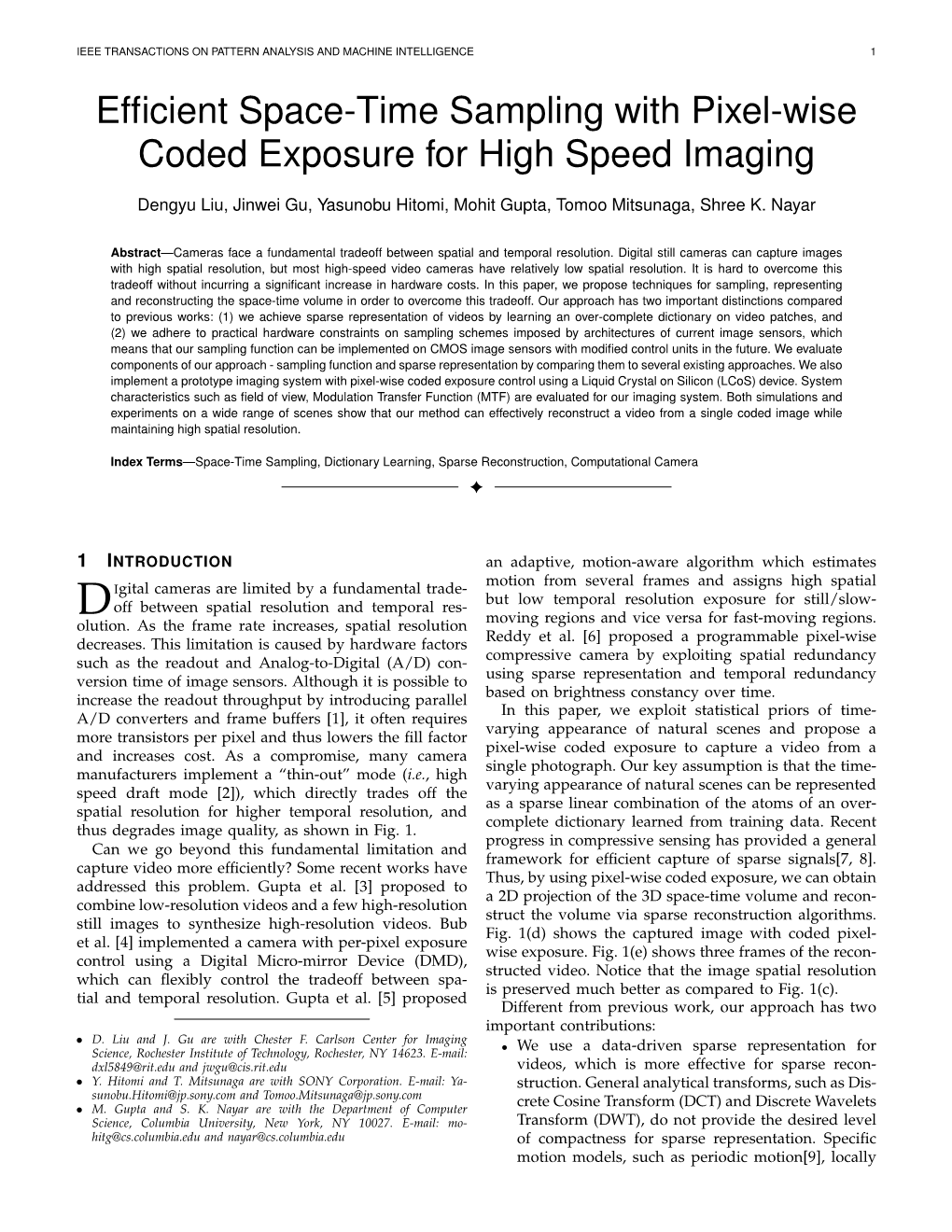 Efficient Space-Time Sampling with Pixel-Wise Coded Exposure For