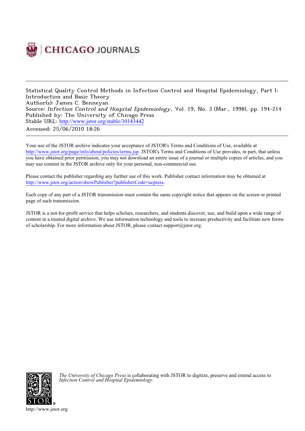 Statistical Quality Control Methods in Infection Control and Hospital Epidemiology, Part I: Introduction and Basic Theory Author(S): James C