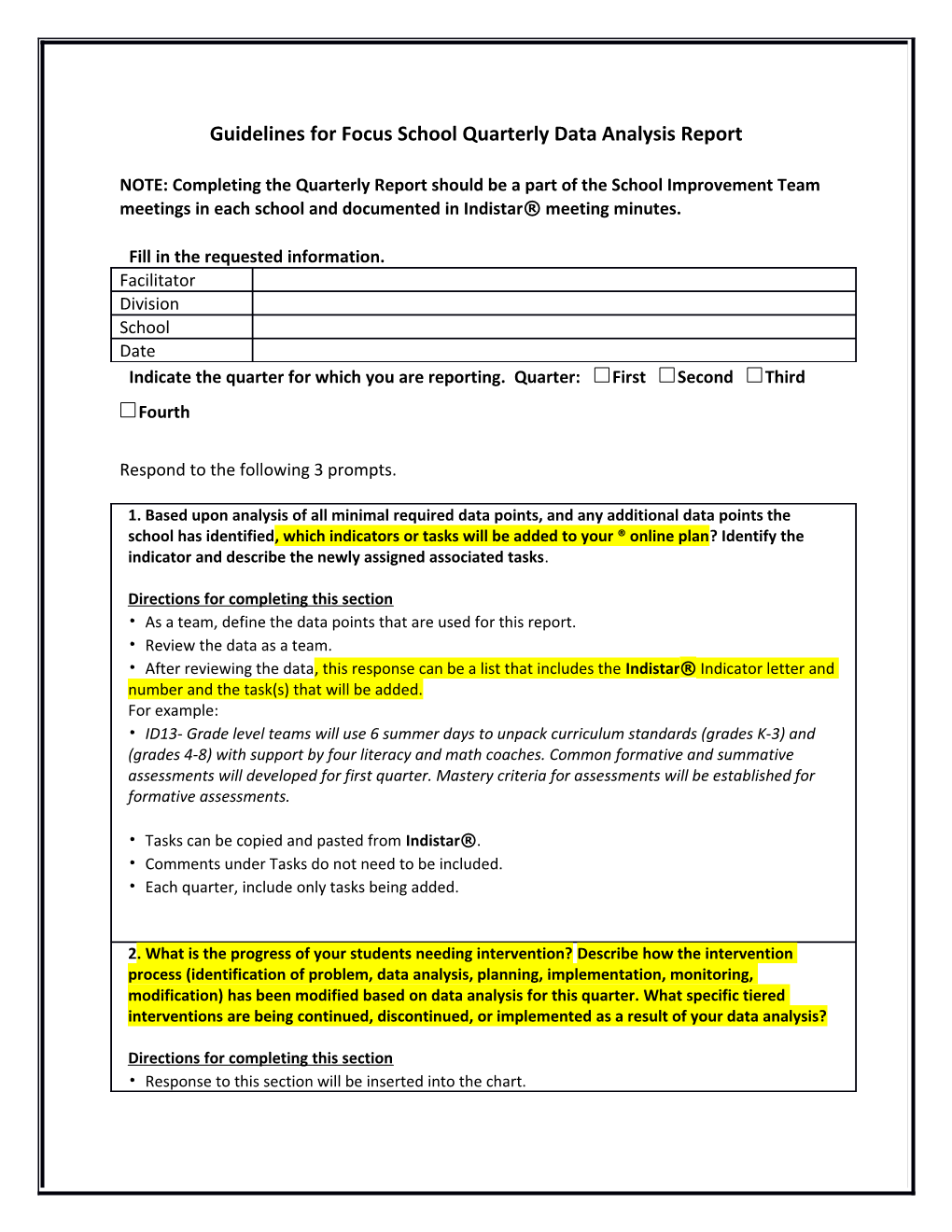 Guidelines for Focus School Quarterly Data Analysis Report