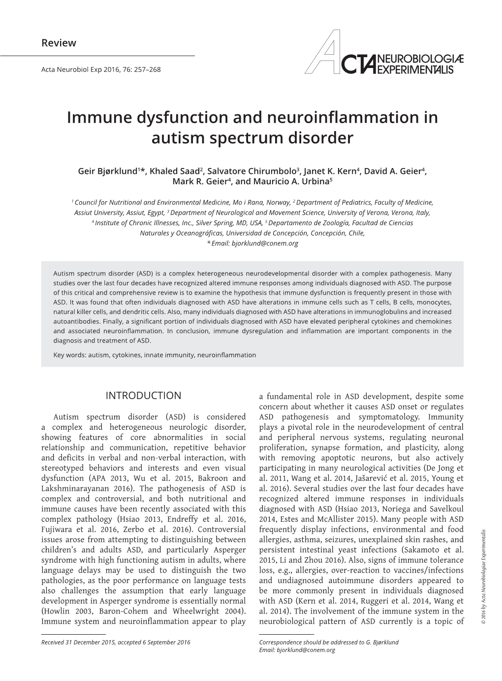 Immune Dysfunction and Neuroinflammation in Autism