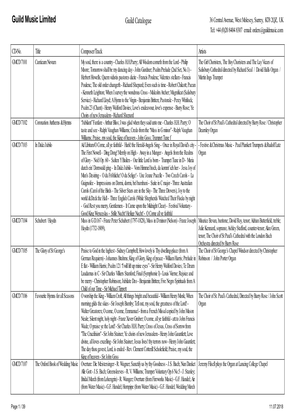 Guild Music Limited Guild Catalogue 36 Central Avenue, West Molesey, Surrey, KT8 2QZ, UK Tel: +44 (0)20 8404 8307 Email: Orders@Guildmusic.Com