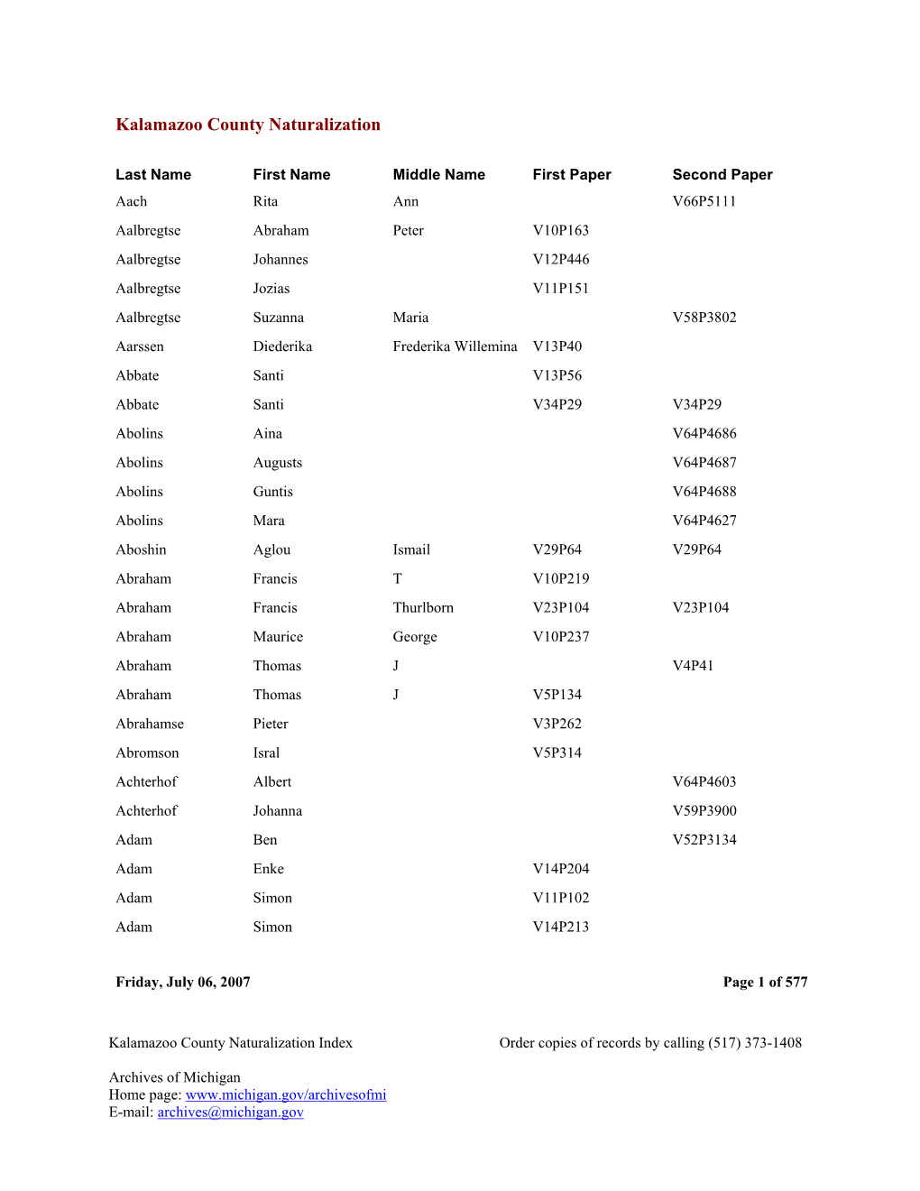 Kalamazoo County Naturalization