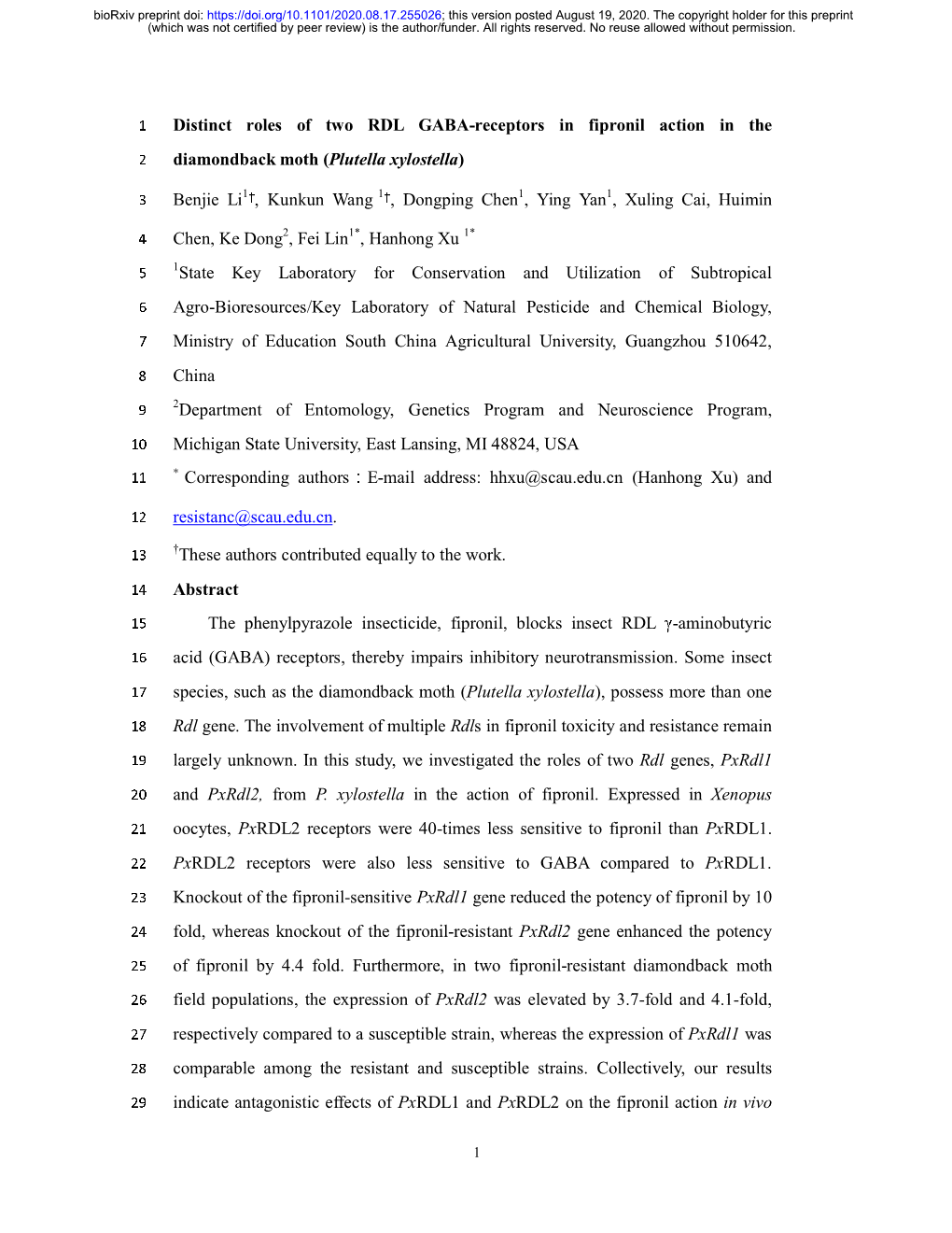 Distinct Roles of Two RDL GABA-Receptors in Fipronil Action in the 2 Diamondback Moth (Plutella Xylostella)