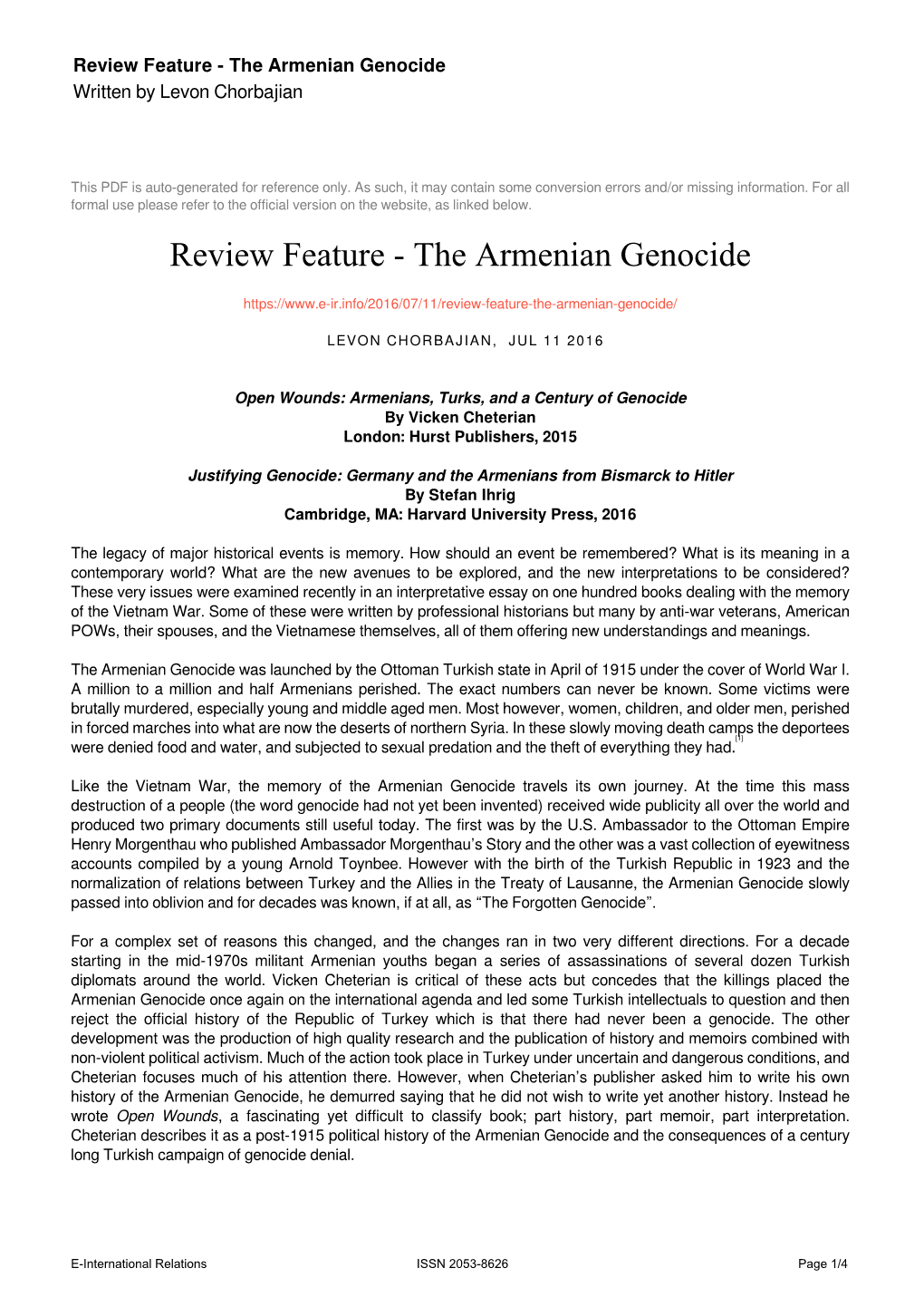 The Armenian Genocide Written by Levon Chorbajian