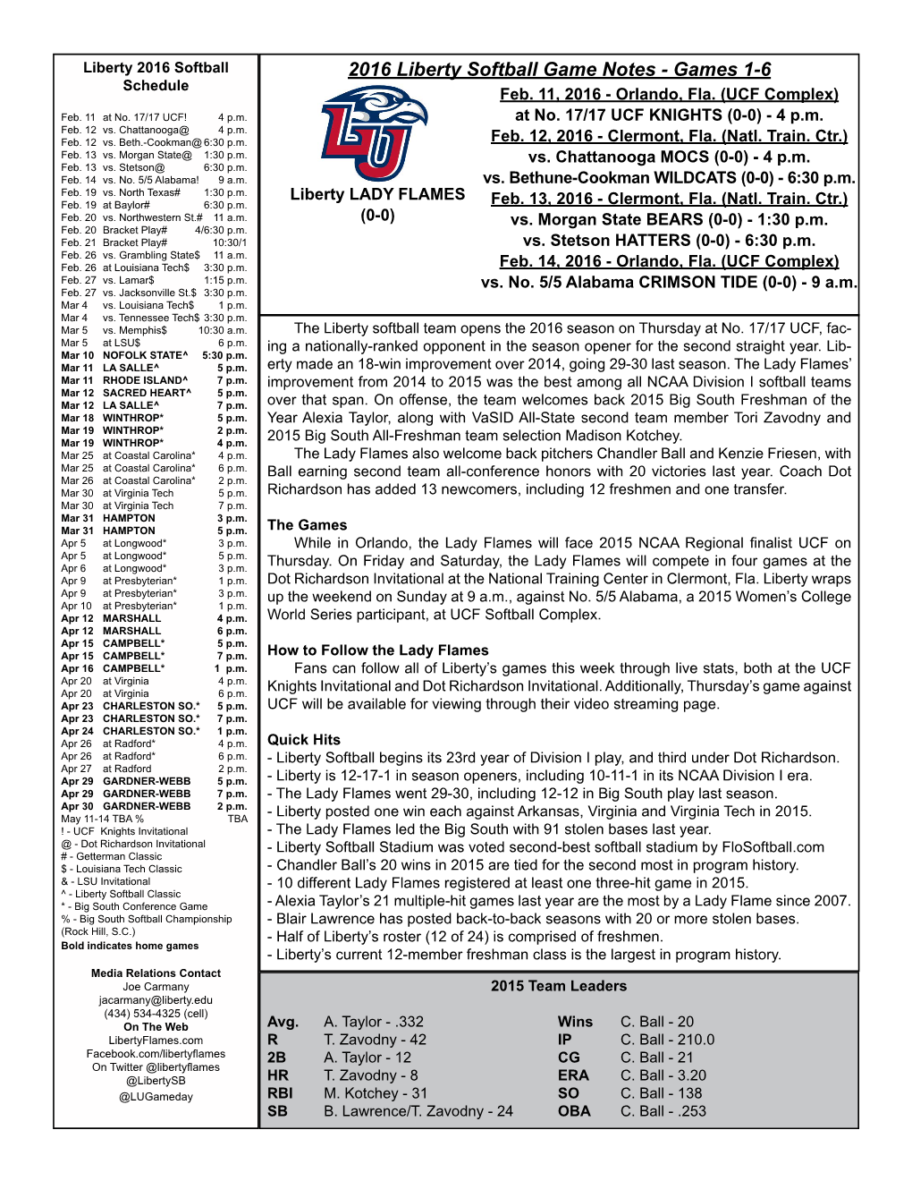 2016 Liberty Softball Game Notes - Games 1-6 Schedule Feb