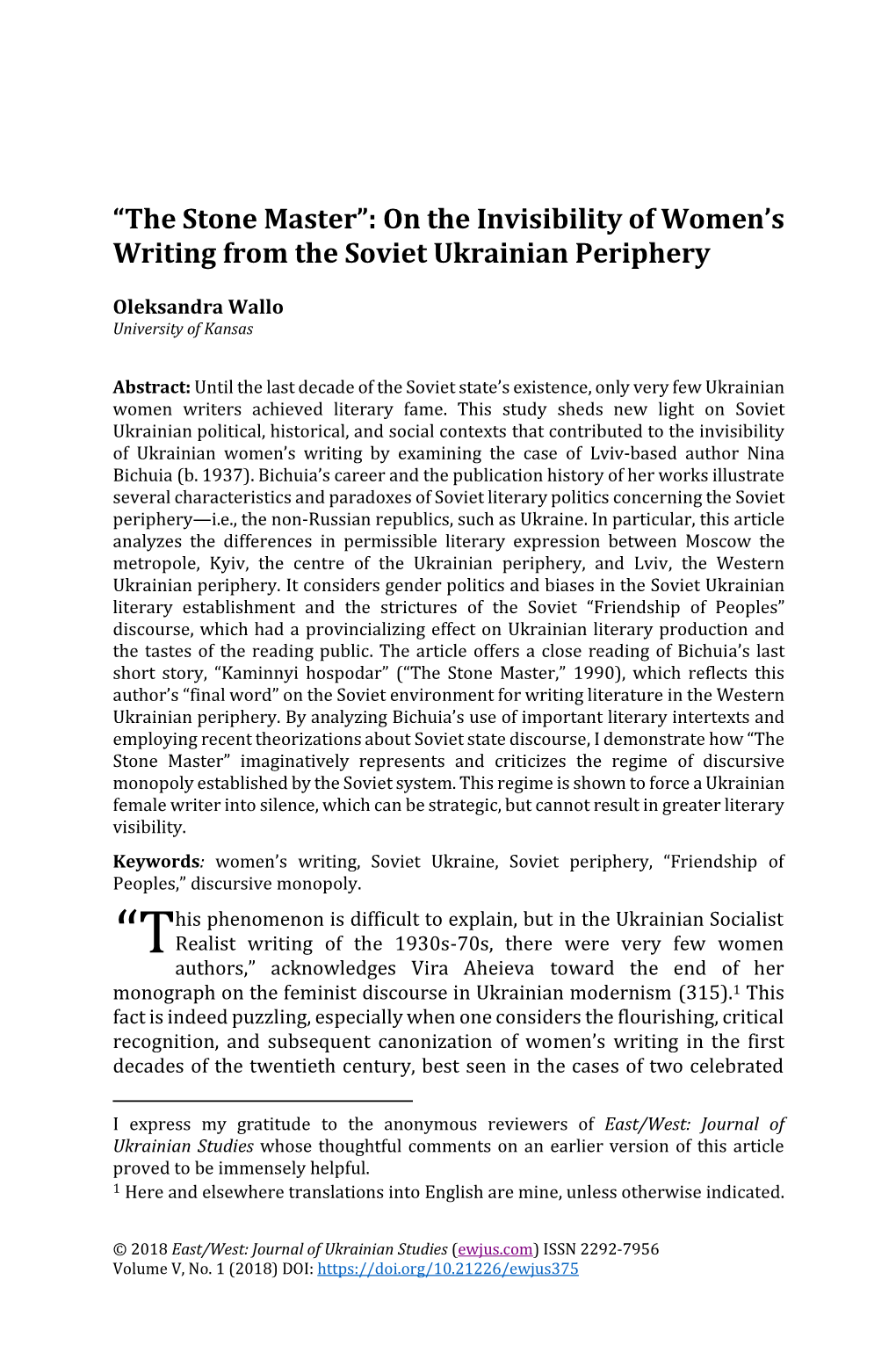 The Stone Master”: on the Invisibility of Women’S Writing from the Soviet Ukrainian Periphery