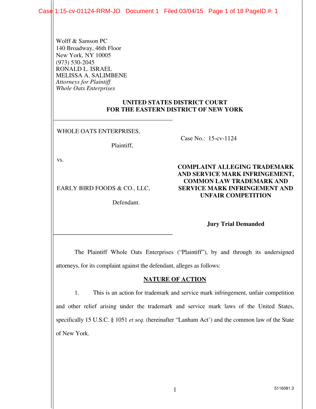 Case 1:15-Cv-01124-RRM-JO Document 1 Filed 03/04/15 Page 1 of 18 Pageid #: 1