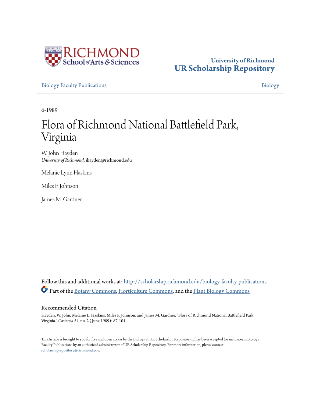 Flora of Richmond National Battlefield Park, Virginia." Castanea 54, No