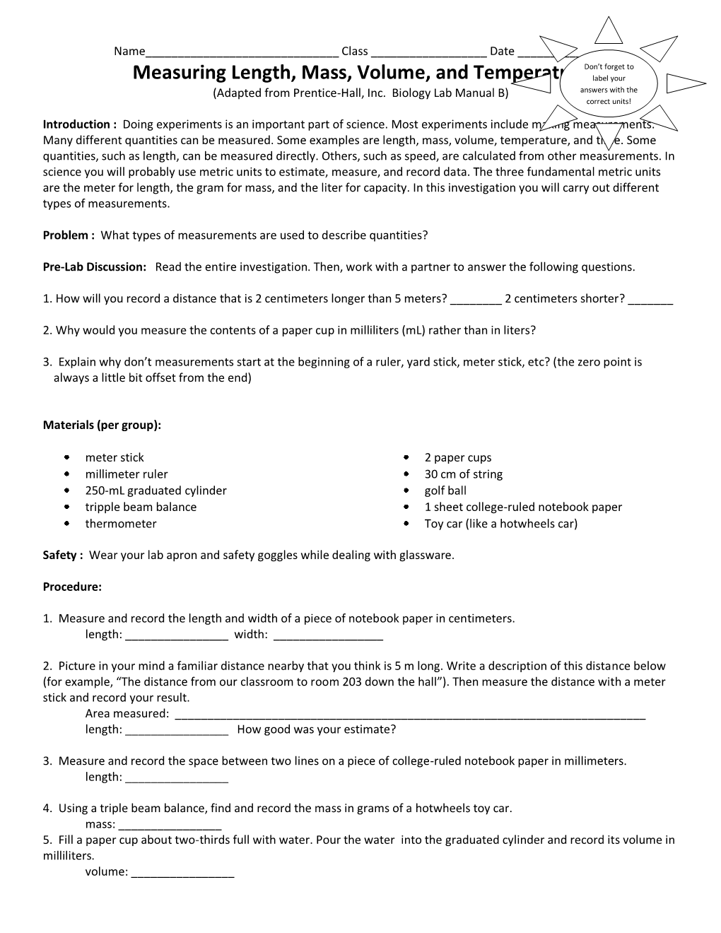 Measuring Length, Mass, Volume, and Temperature Label Your (Adapted from Prentice-Hall, Inc