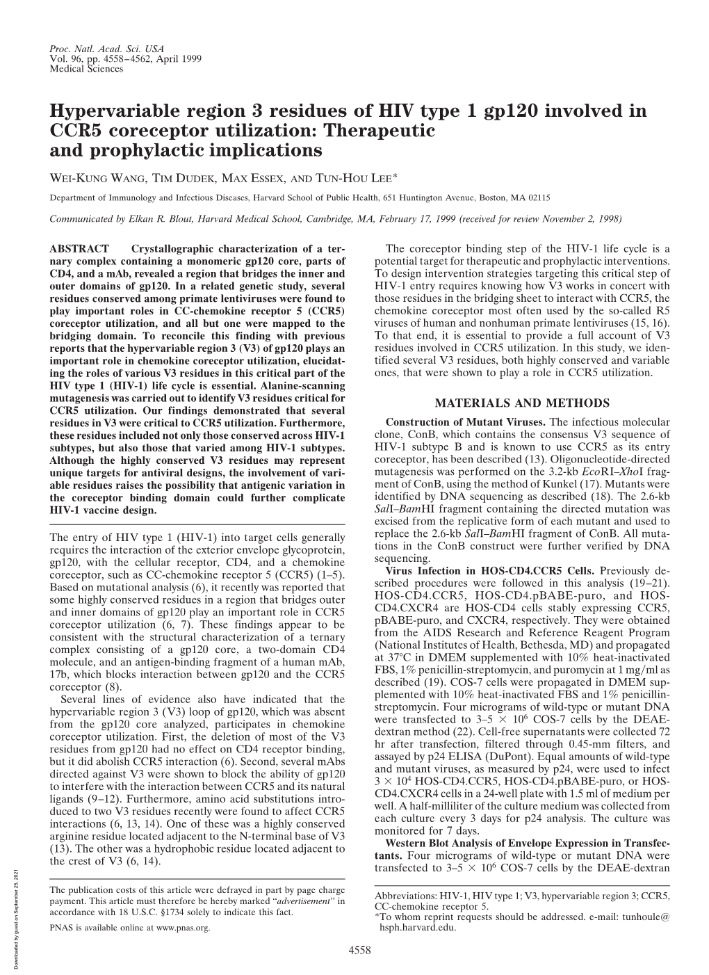 Hypervariable Region 3 Residues of HIV Type 1 Gp120 Involved in CCR5 Coreceptor Utilization: Therapeutic and Prophylactic Implications