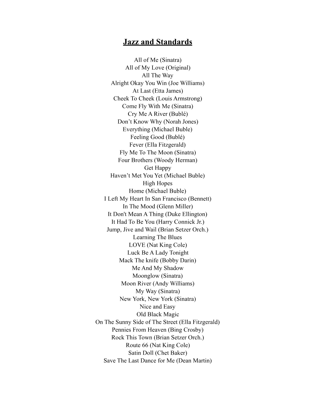 Come Fly with Me Song List Jazz.Pages