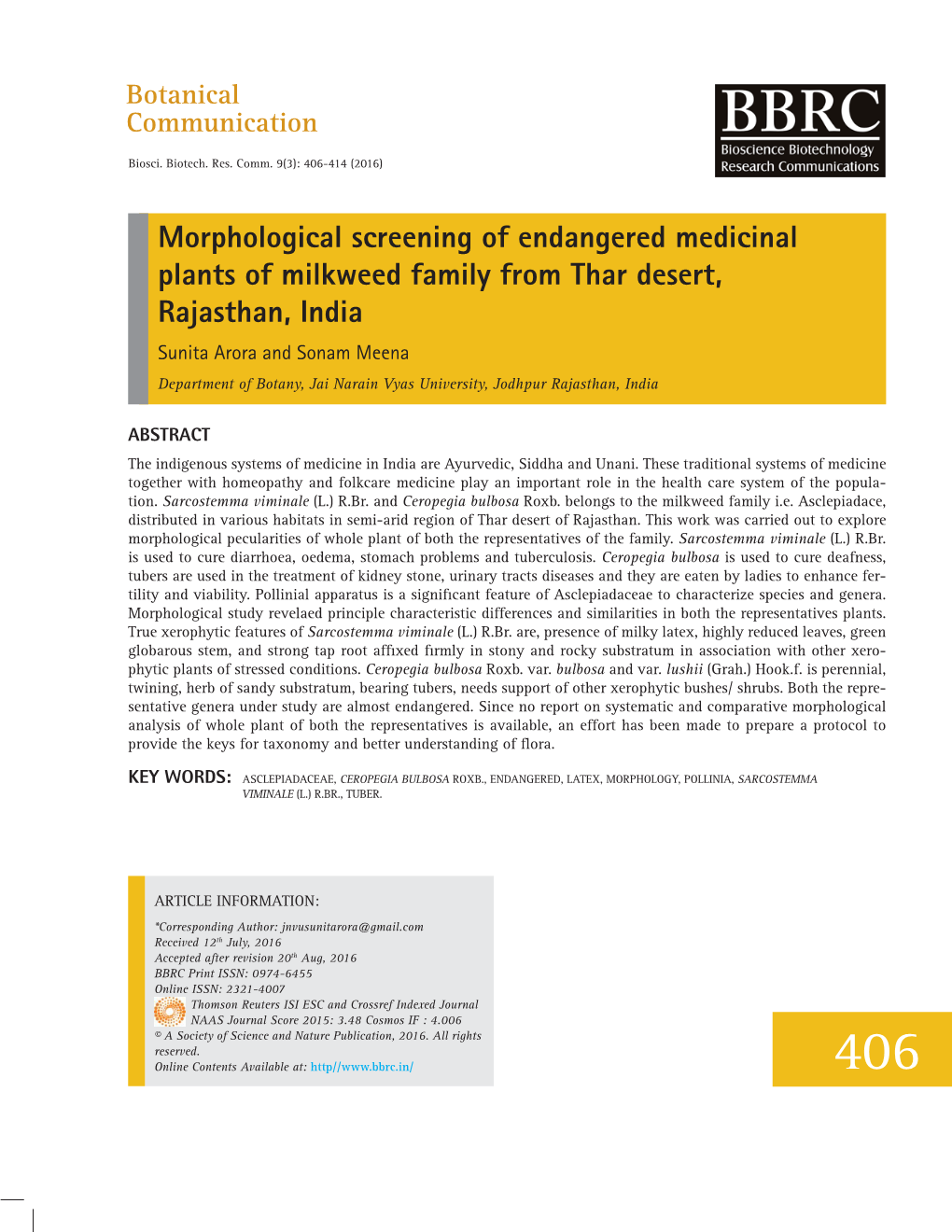 Morphological Screening of Endangered Medicinal Plants Of