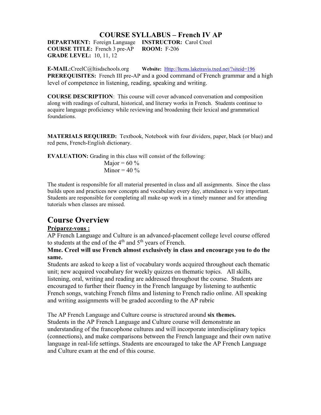 COURSE SYLLABUS – French IV Honors