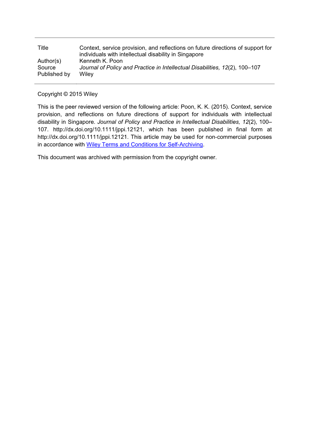 Title Context, Service Provision, and Reflections on Future Directions of Support for Individuals with Intellectual Disability I