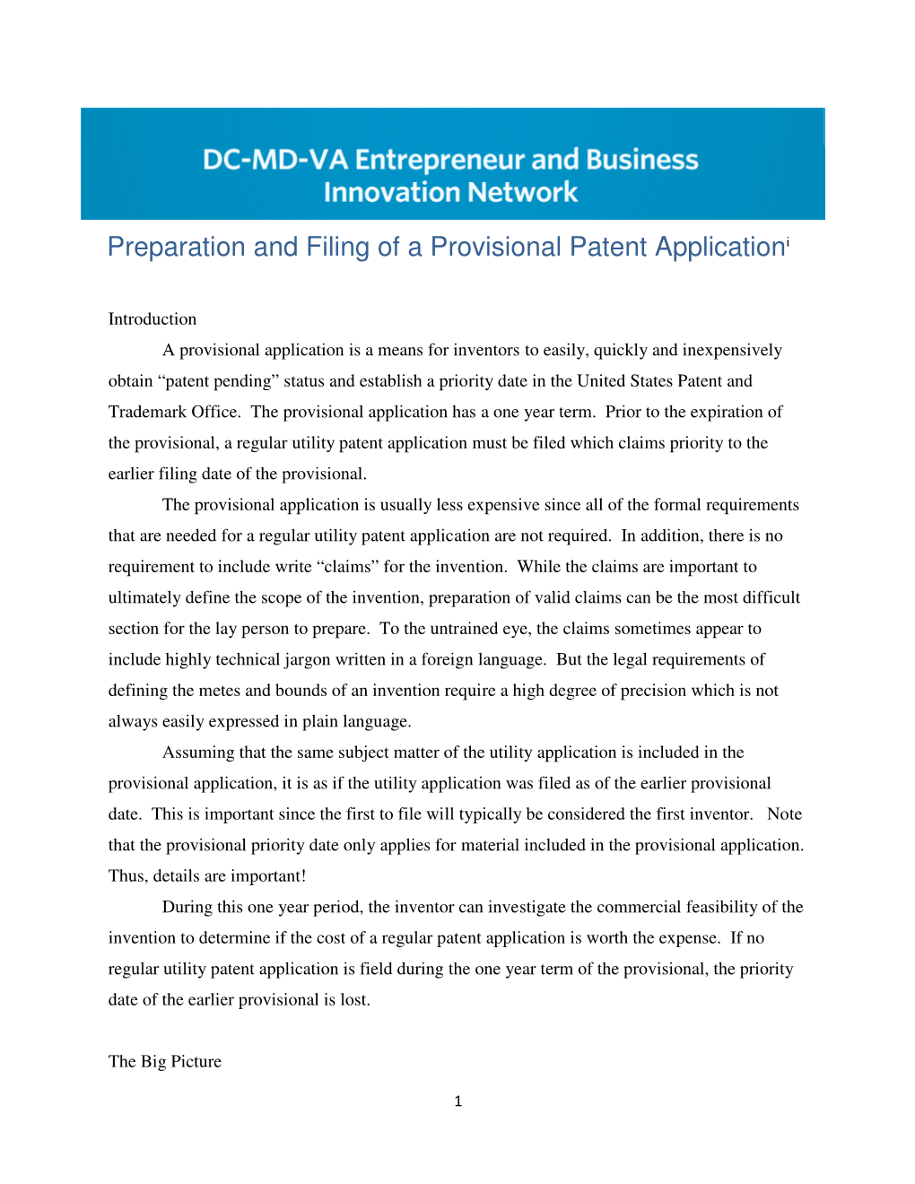 Preparation and Filing of a Provisional Patent Application I