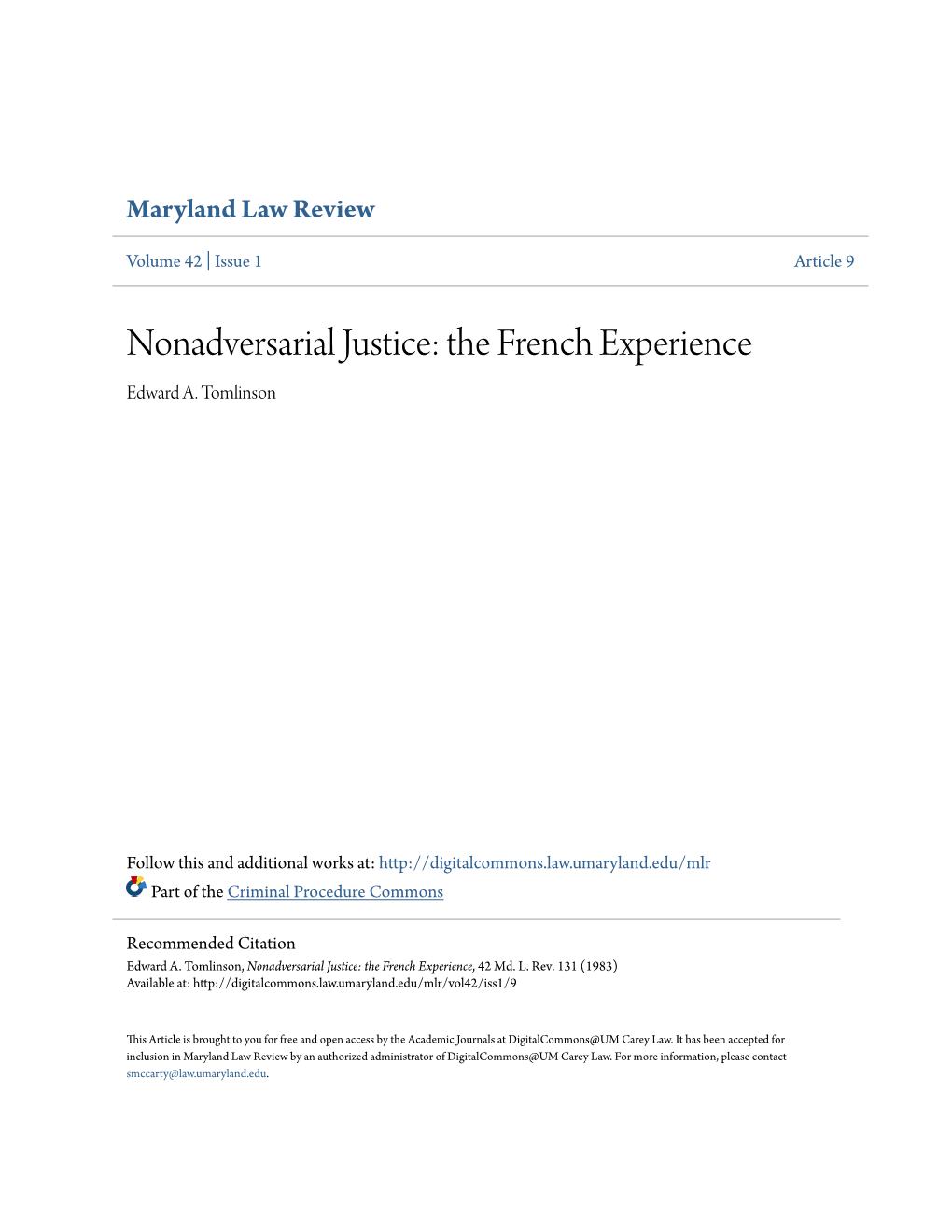 Nonadversarial Justice: the French Experience Edward A