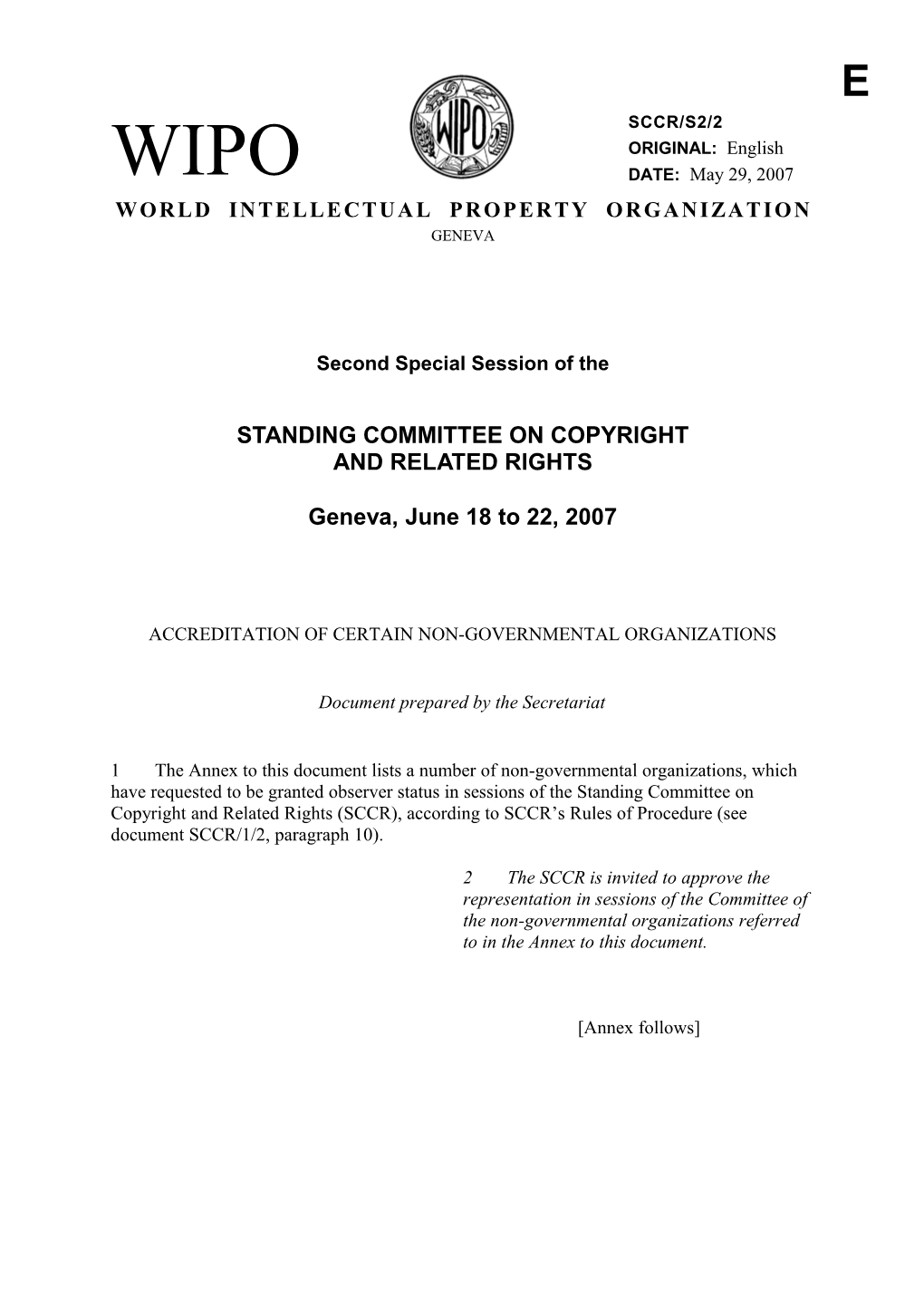 SCCR/S2/2: Accreditation of Certain Non-Governmental Organizations