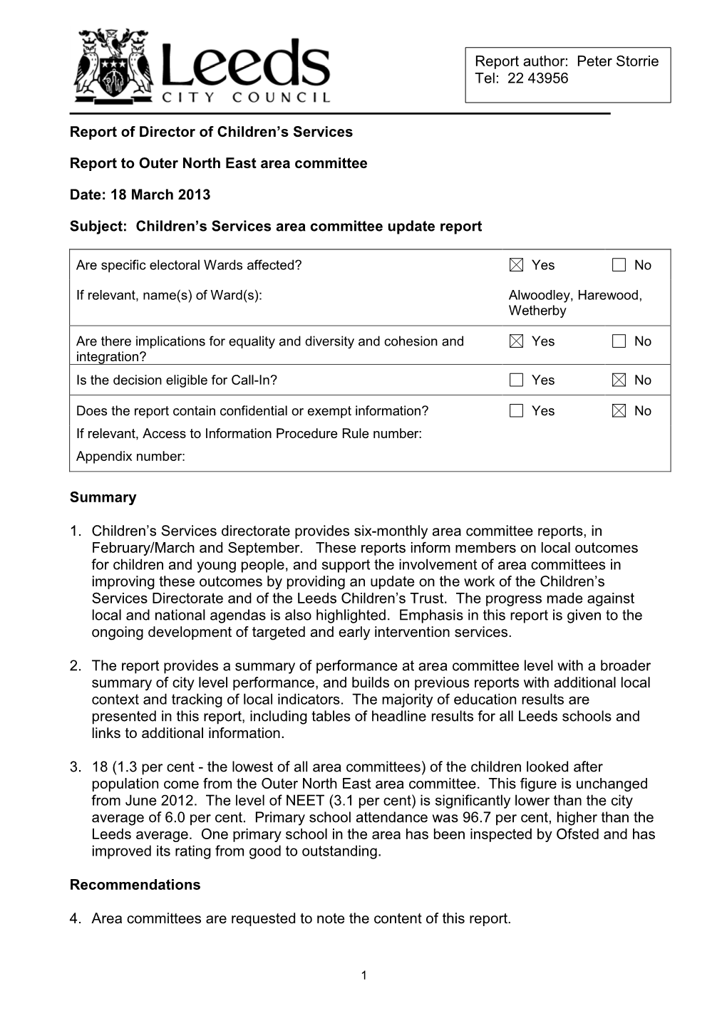 Children's Services Area Committee Update Report