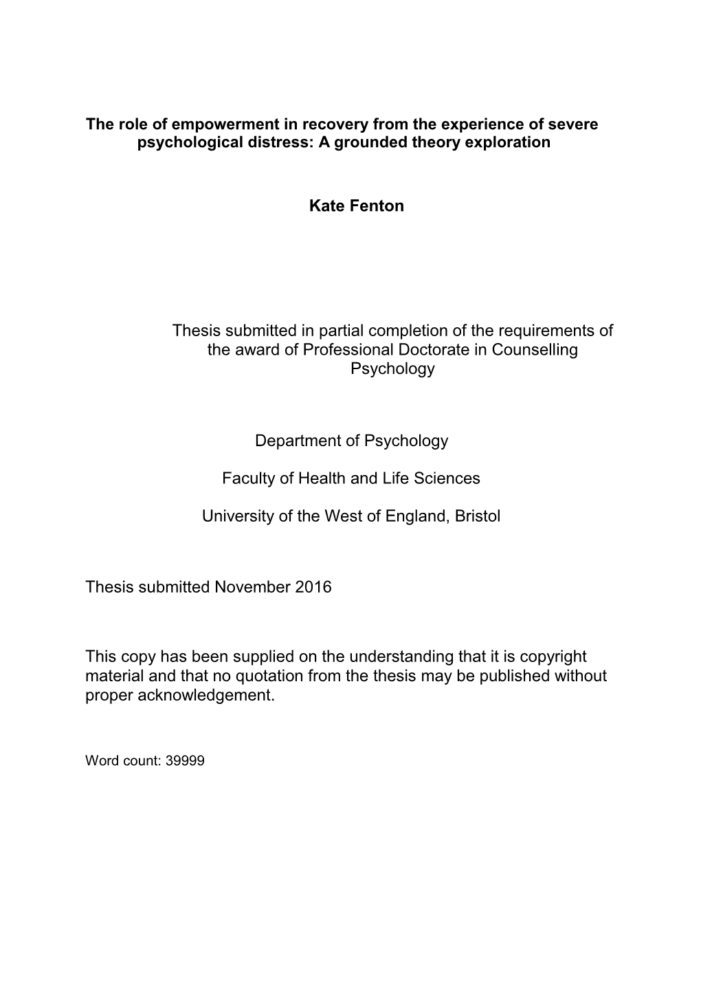 Kate Fenton Thesis Submitted in Partial Completion of The