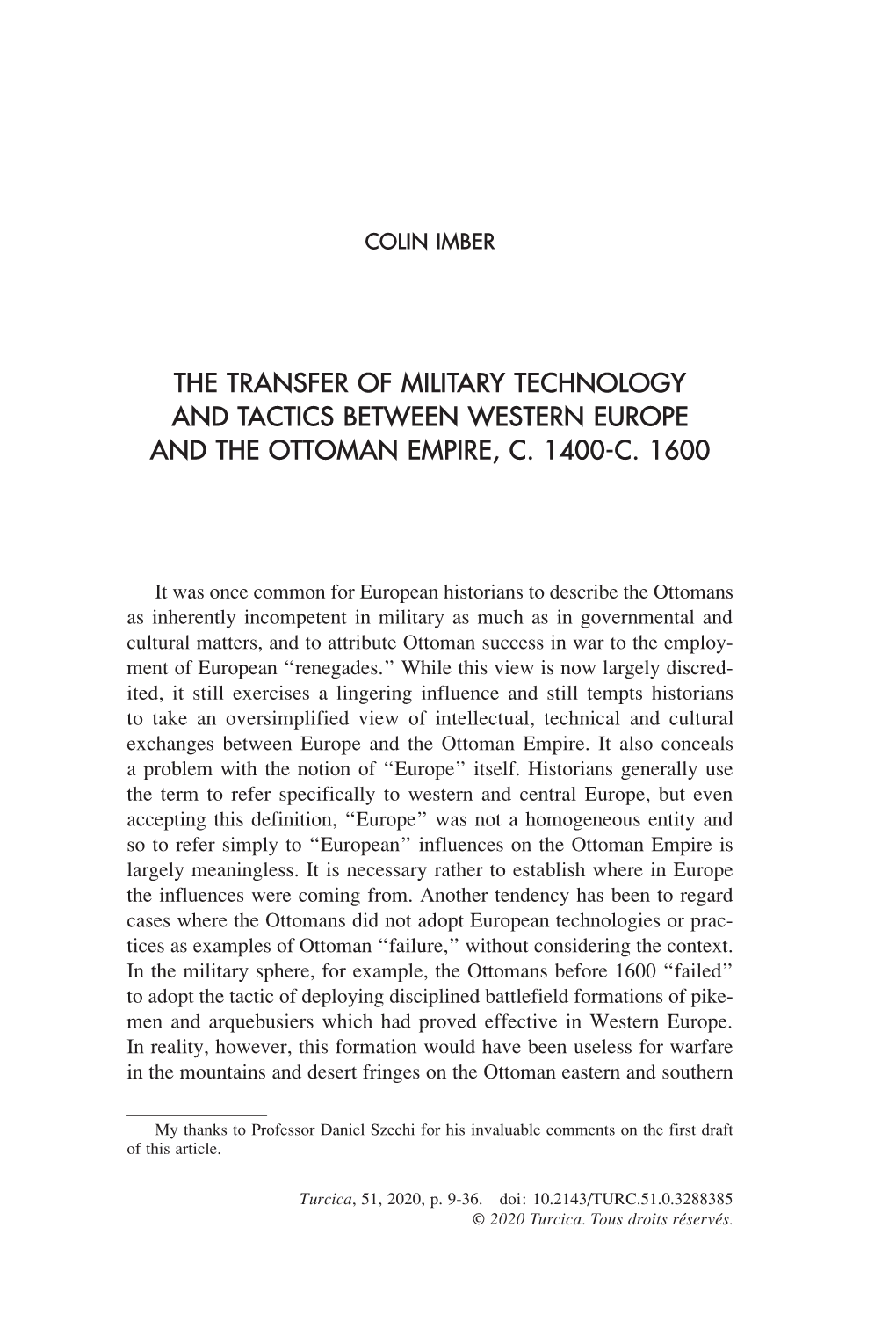 The Transfer of Military Technology and Tactics Between Western Europe and the Ottoman Empire, C