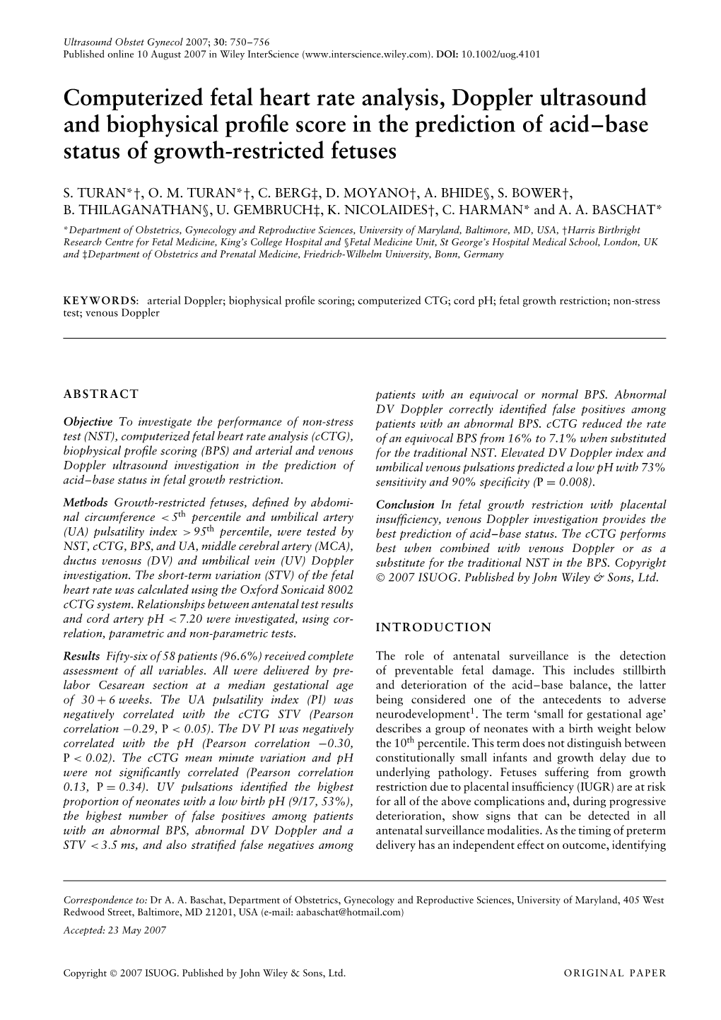 Computerized Fetal Heart Rate Analysis, Doppler Ultrasound and Biophysical Proﬁle Score in the Prediction of Acid–Base Status of Growth-Restricted Fetuses