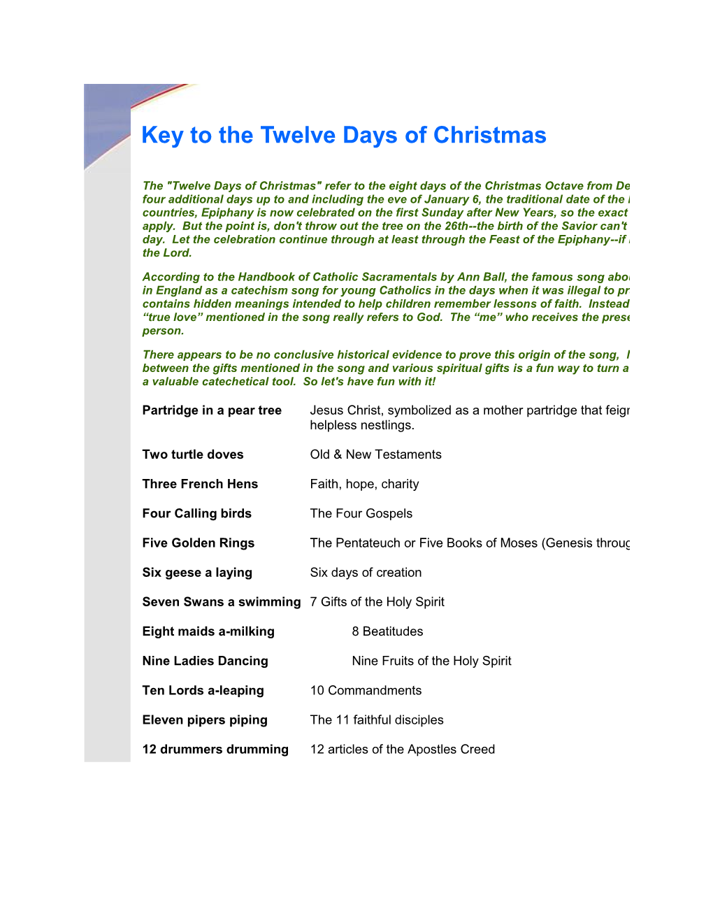 Key to the Twelve Days of Christmas