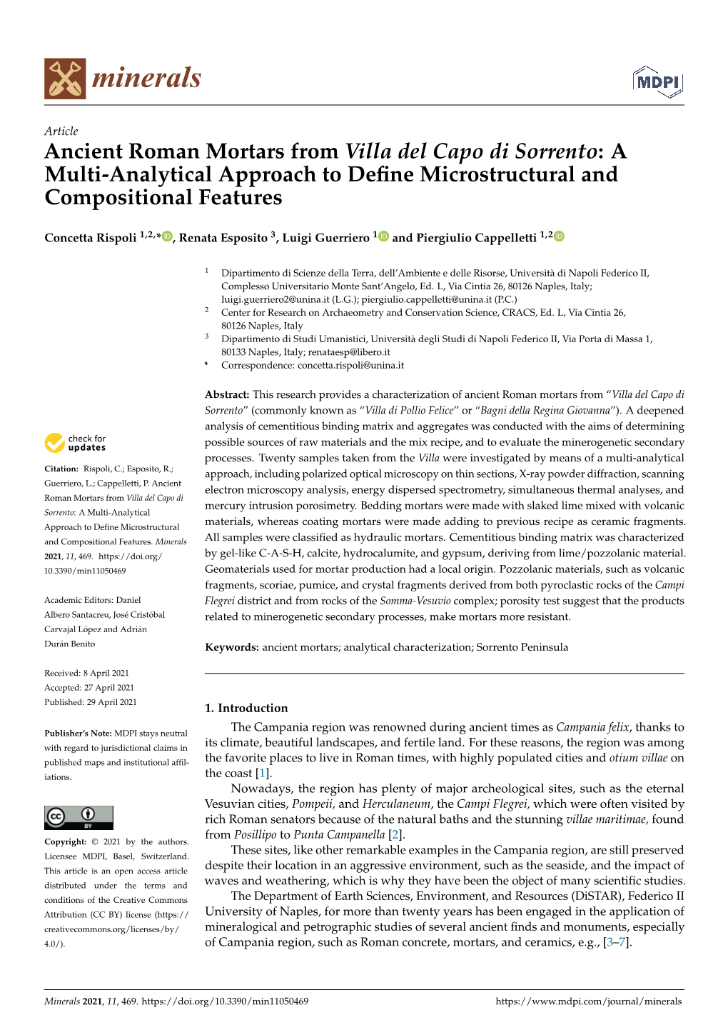 Ancient Roman Mortars from Villa Del Capo Di Sorrento:A Multi-Analytical Approach to Deﬁne Microstructural and Compositional Features