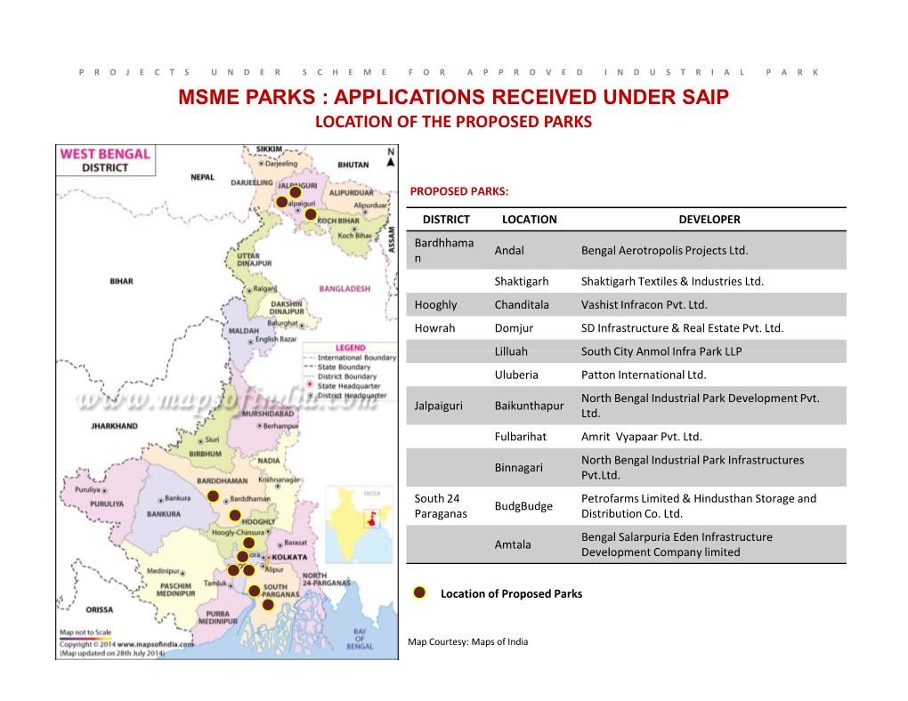 Msme Parks : Applications Received Under Saip Location of the Proposed Parks