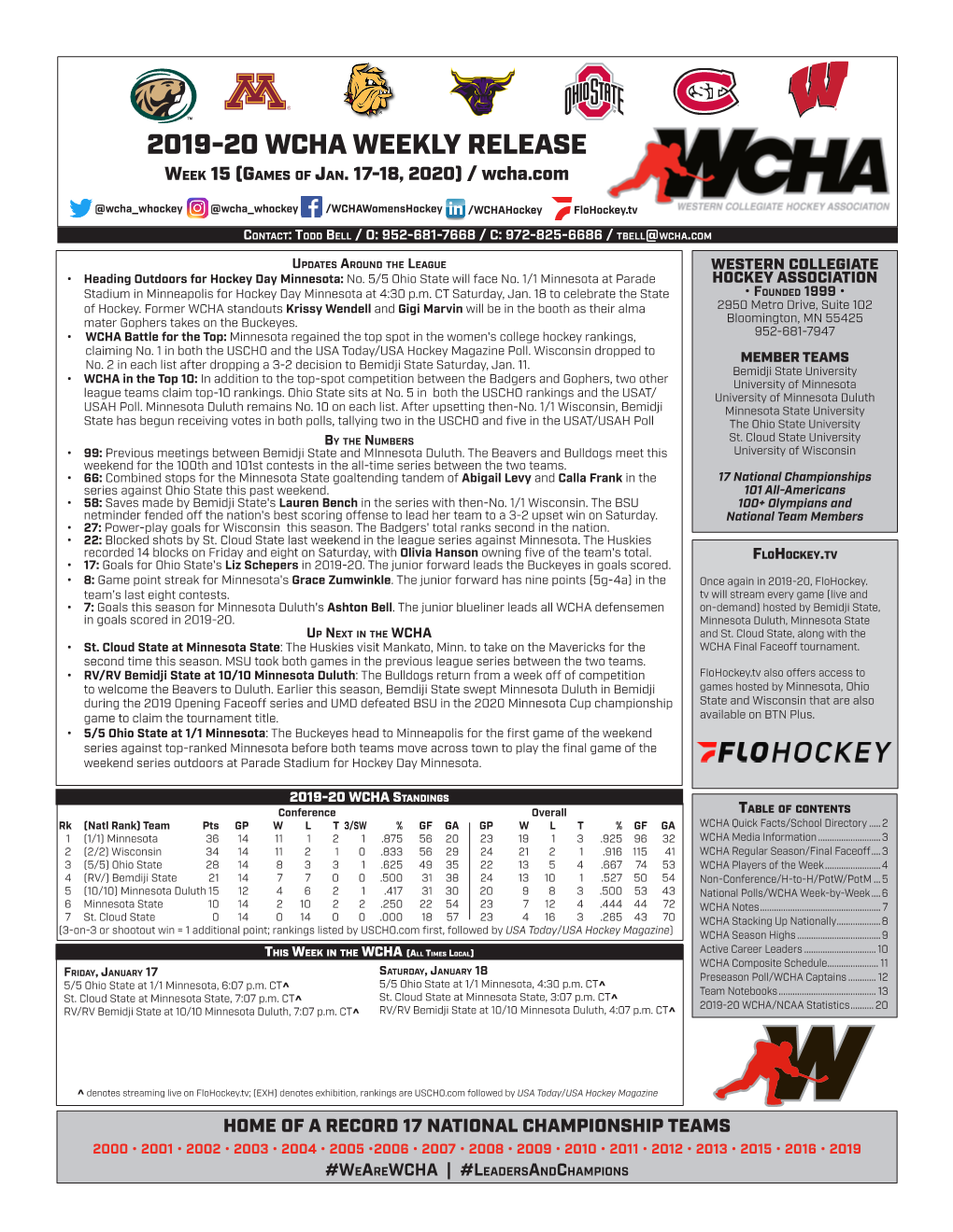 2019-20 WCHA WEEKLY RELEASE Week 15 (Games of Jan