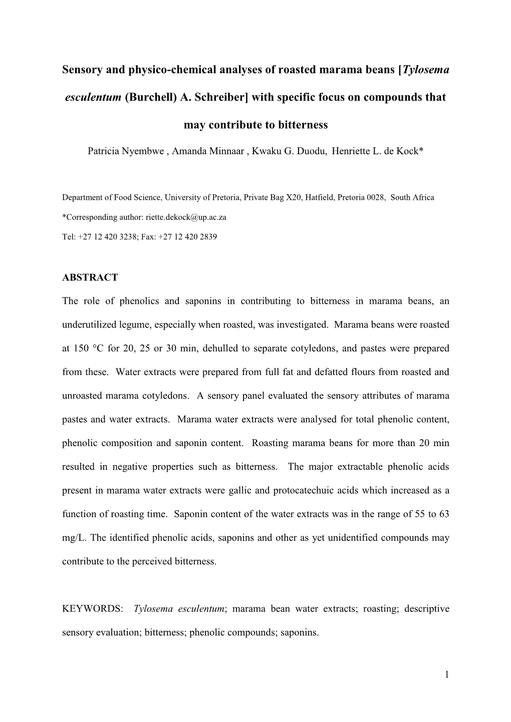 Sensory and Physico-Chemical Analyses of Roasted Marama Beans [Tylosema Esculentum (Burchell) A