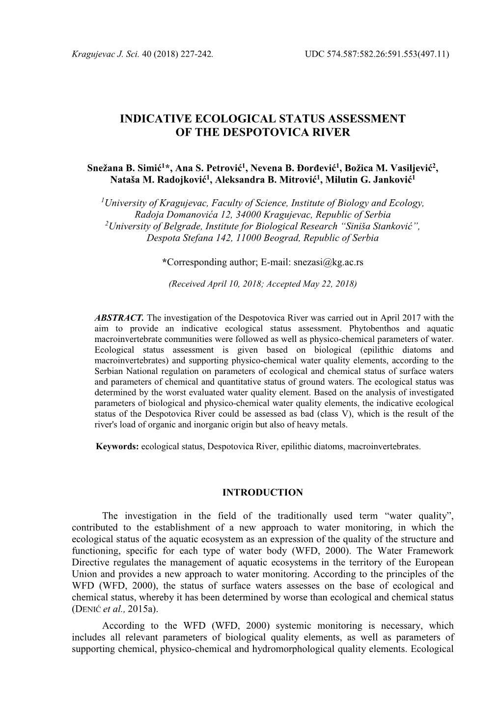 Indicative Ecological Status Assessment of the Despotovica River