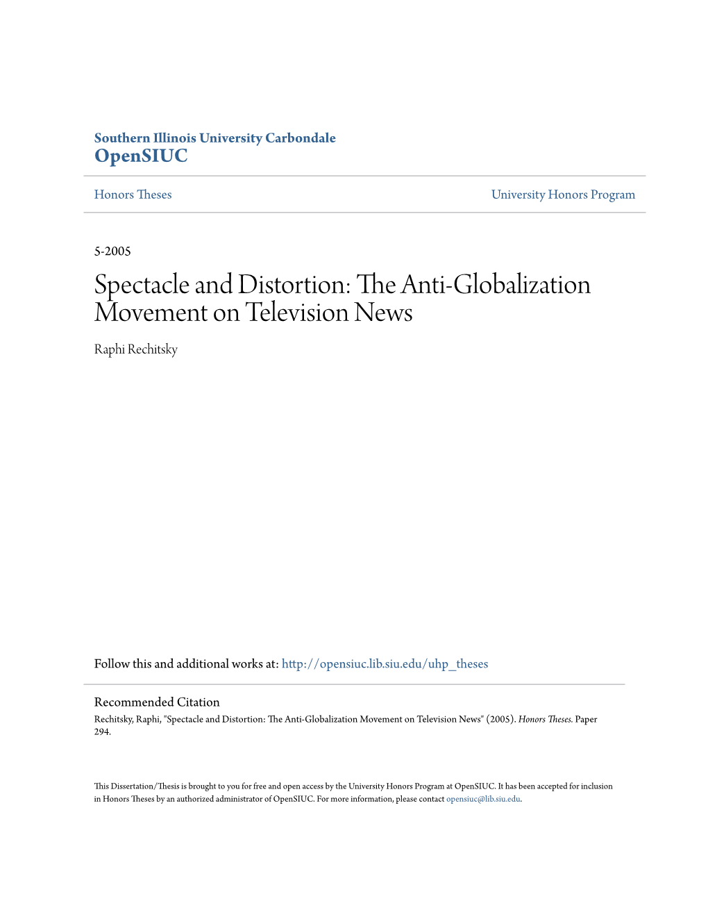 The Anti-Globalization Movement on Television News Raphi Rechitsky