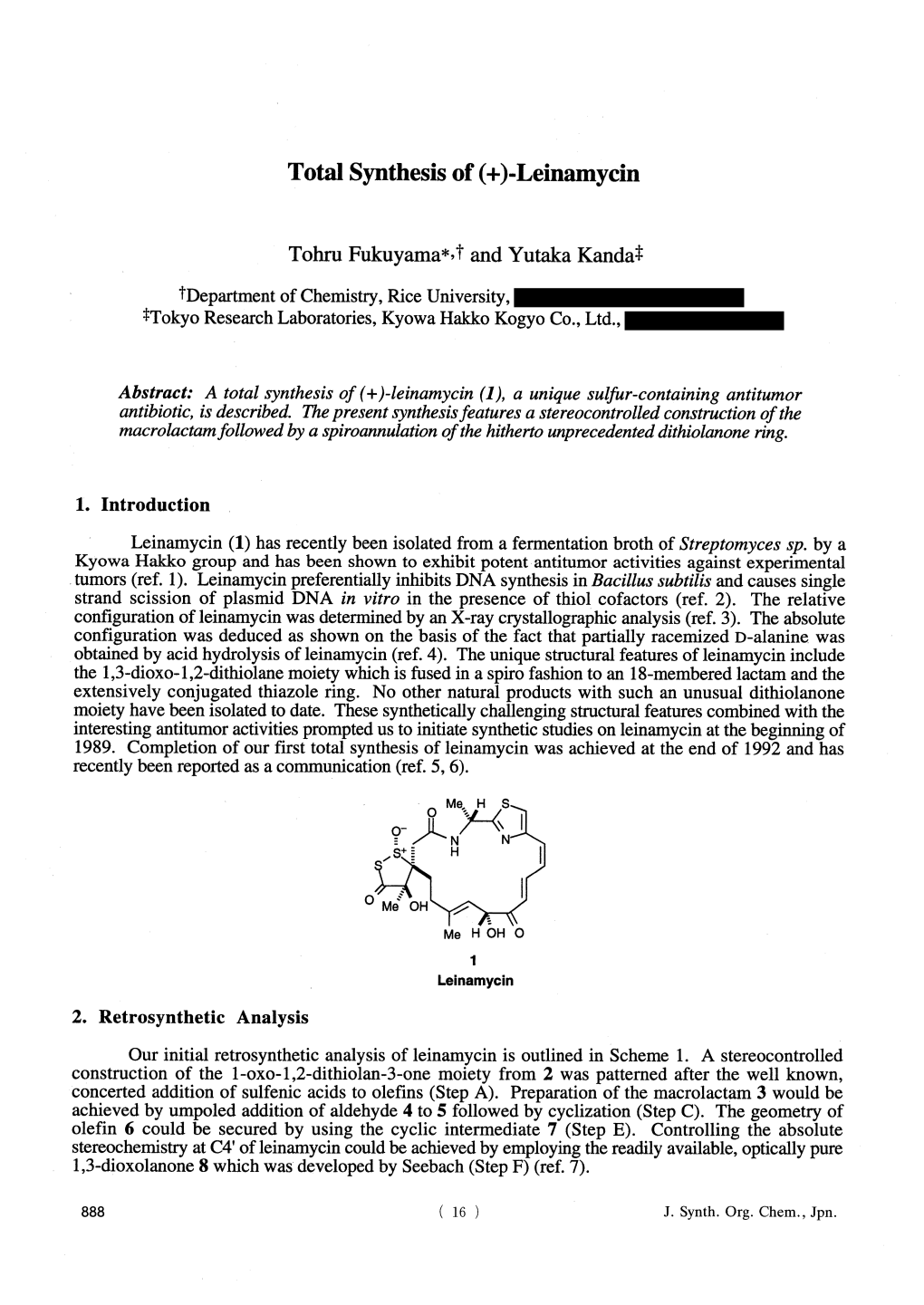 Total Synthesis of (+)-Leinamycin