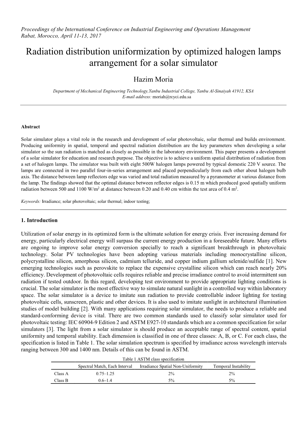 Radiation Distribution Uniformization by Optimized Halogen Lamps Arrangement for a Solar Simulator