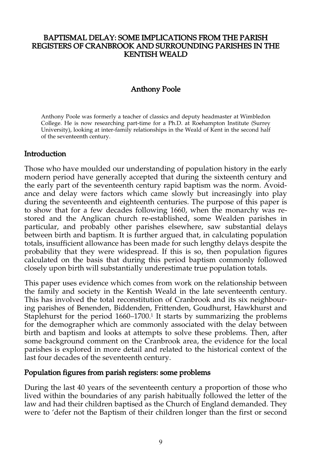 Baptismal Delay: Some Implications from the Parish Registers of Cranbrook and Surrounding Parishes in the Kentish Weald